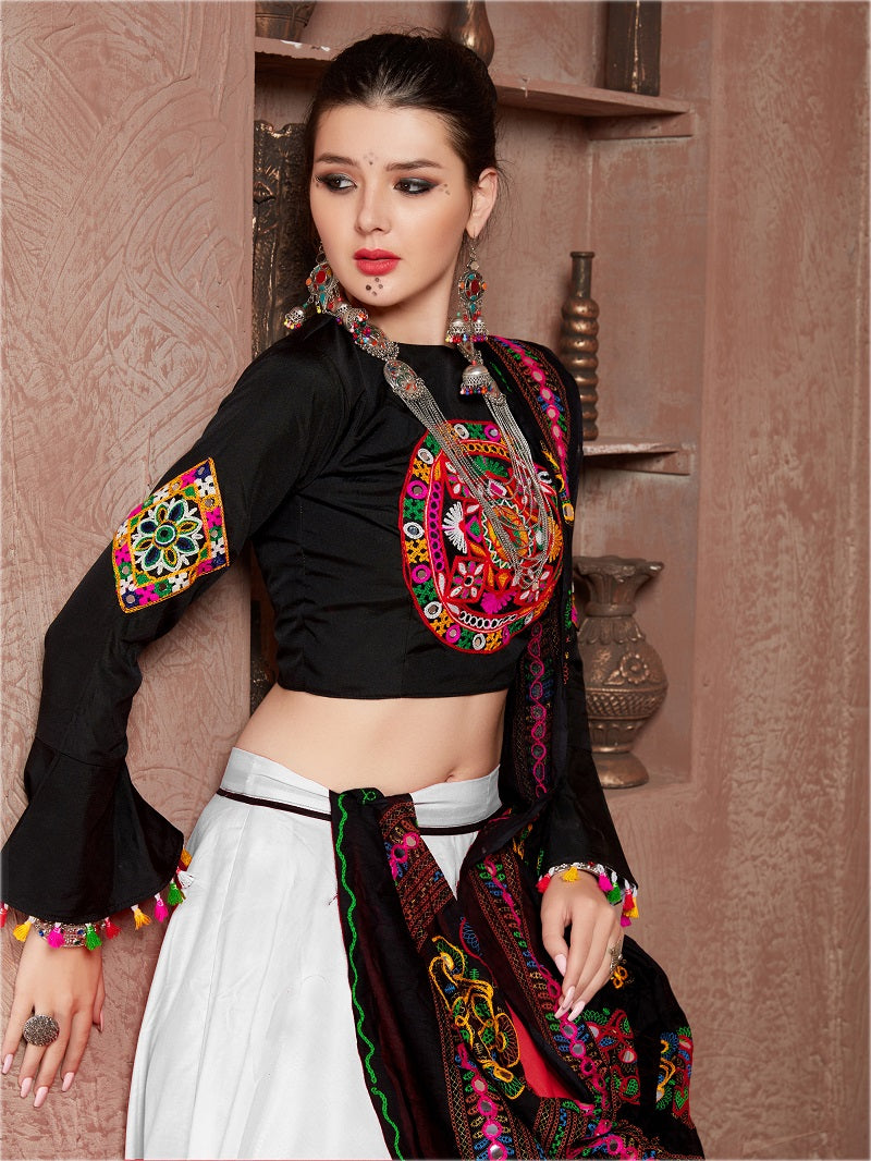 White & Black Gamthi Embroidered Navratri Lehenga Choli with Dupatta