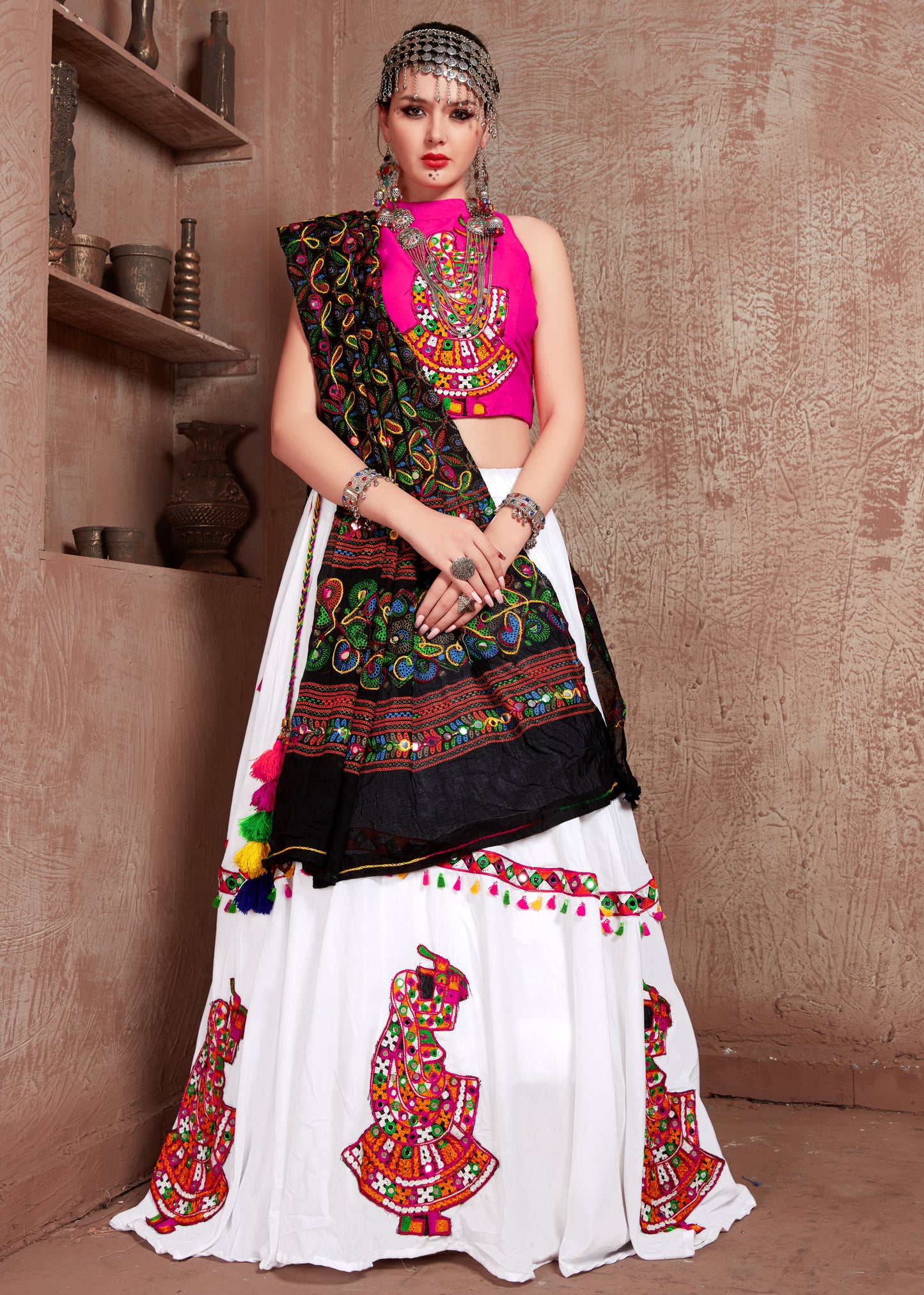 Navratri Special Pink & White Chaniya Choli with Black Embroidered Dupatta – Garba & Festival Wear