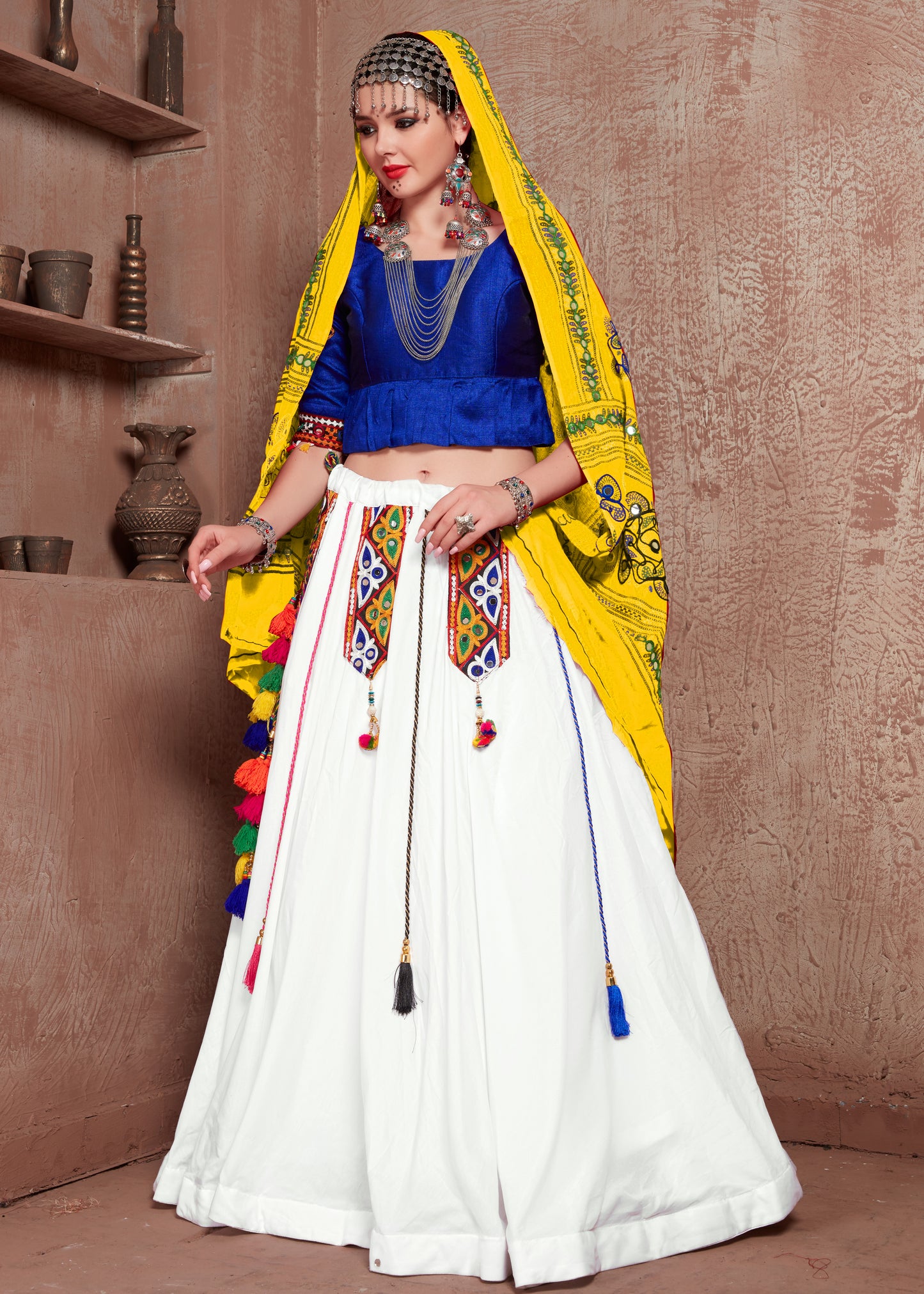 White Lehenga with Blue Blouse & Yellow Gamthi Work Dupatta – Navratri Chaniya Choli