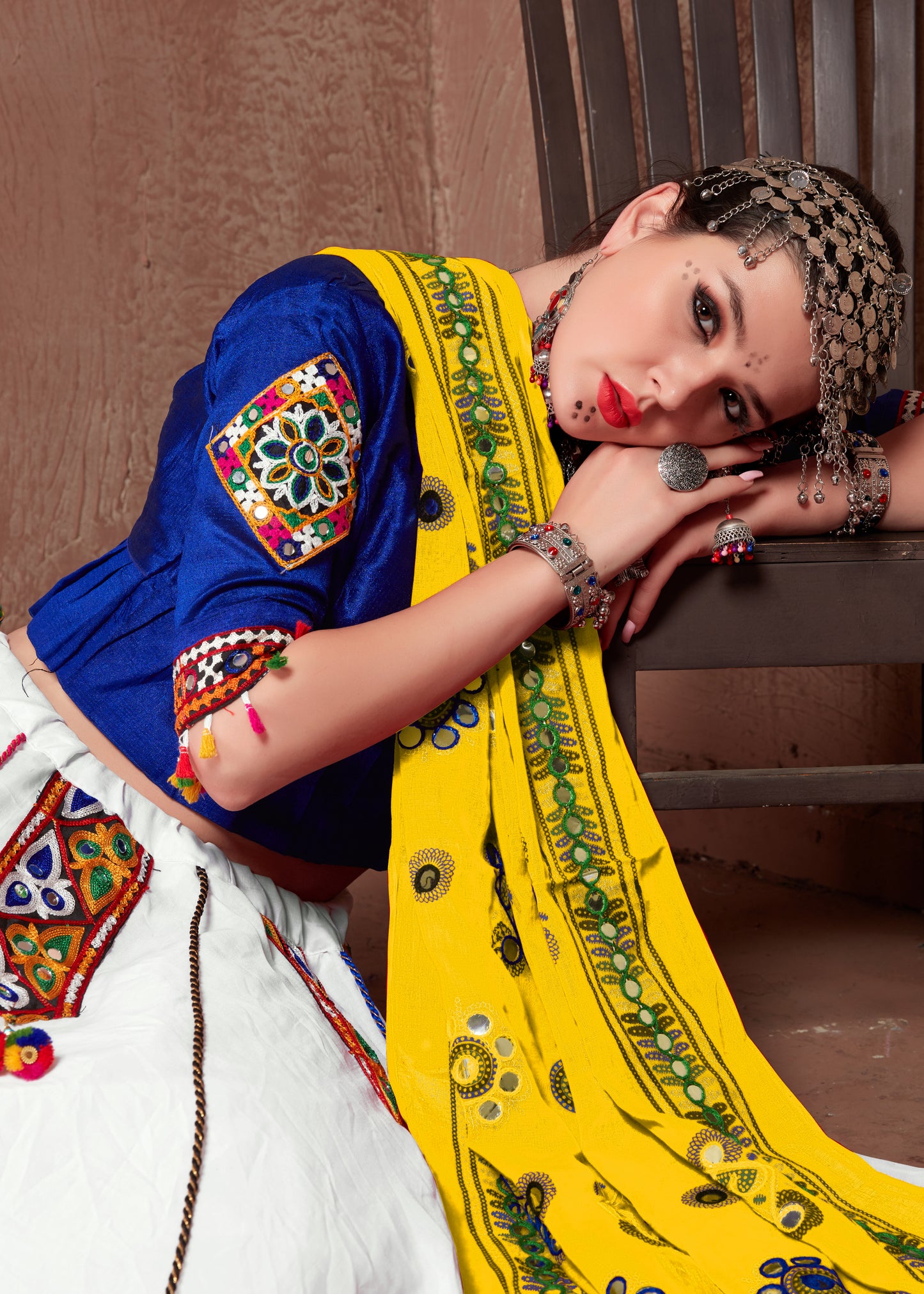 White Lehenga with Blue Blouse & Yellow Gamthi Work Dupatta – Navratri Chaniya Choli