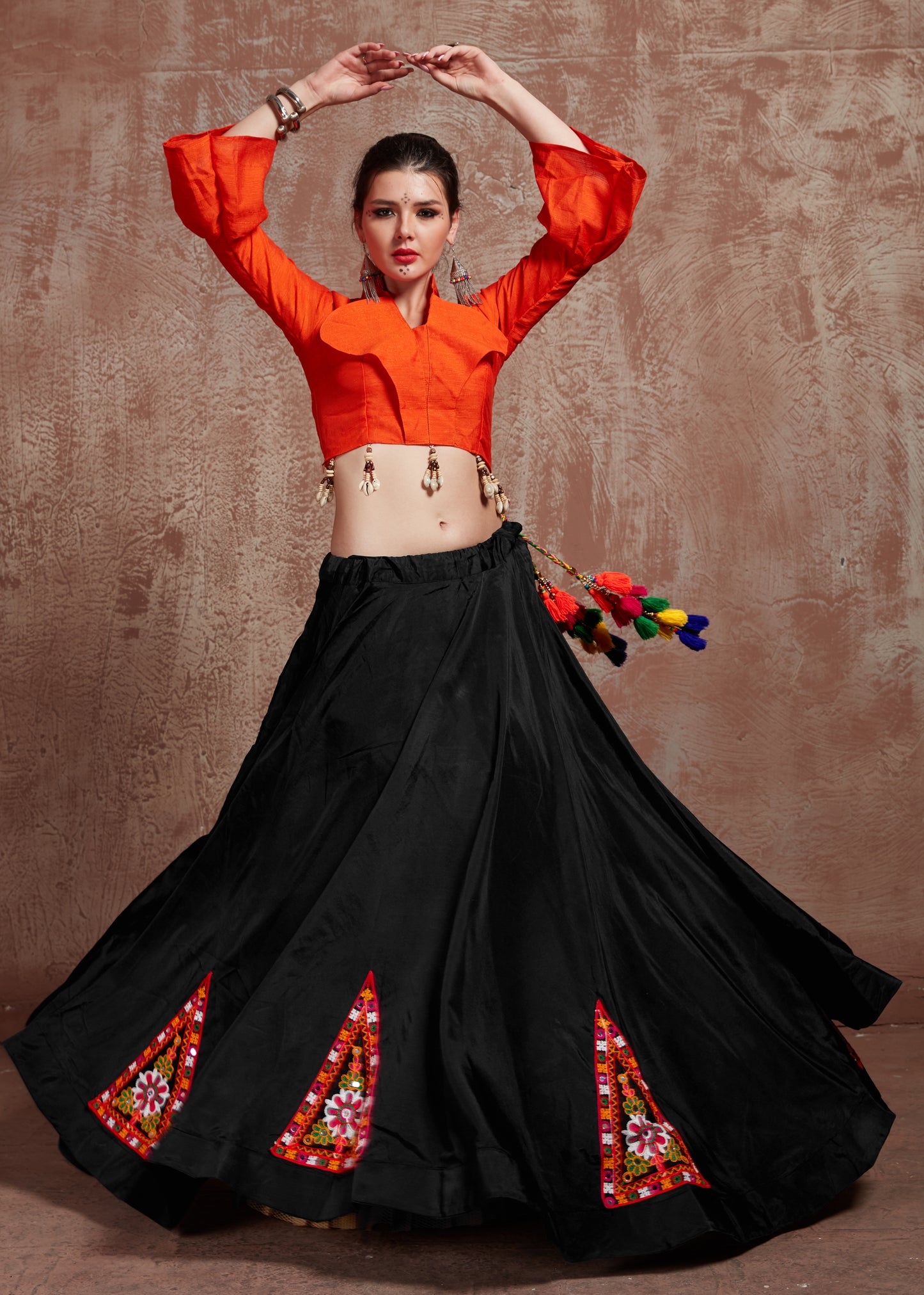 Black Lehenga with Orange Blouse & White Gamthi Work Dupatta – Traditional Navratri Chaniya Choli