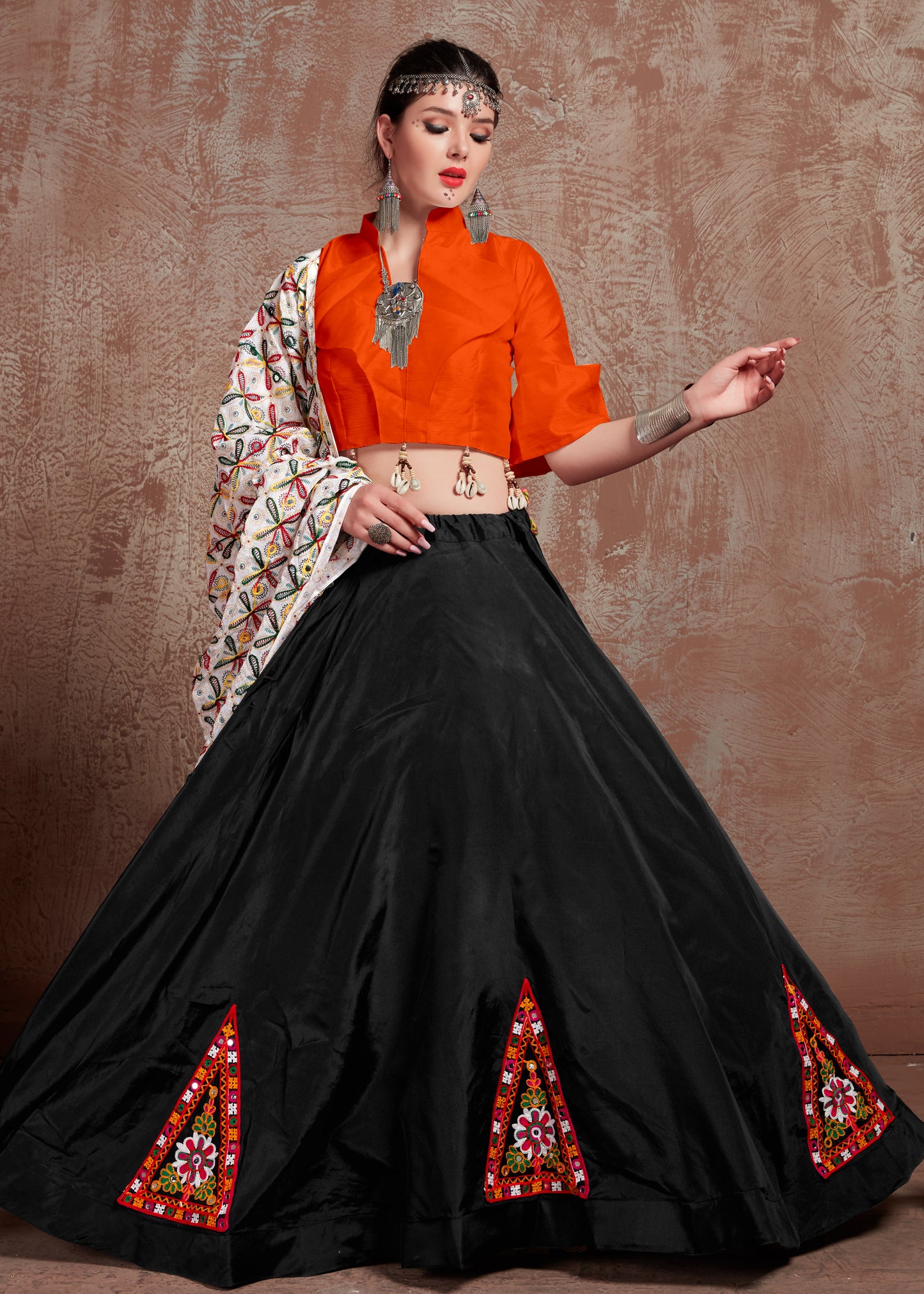 Black Lehenga with Orange Blouse & White Gamthi Work Dupatta – Traditional Navratri Chaniya Choli