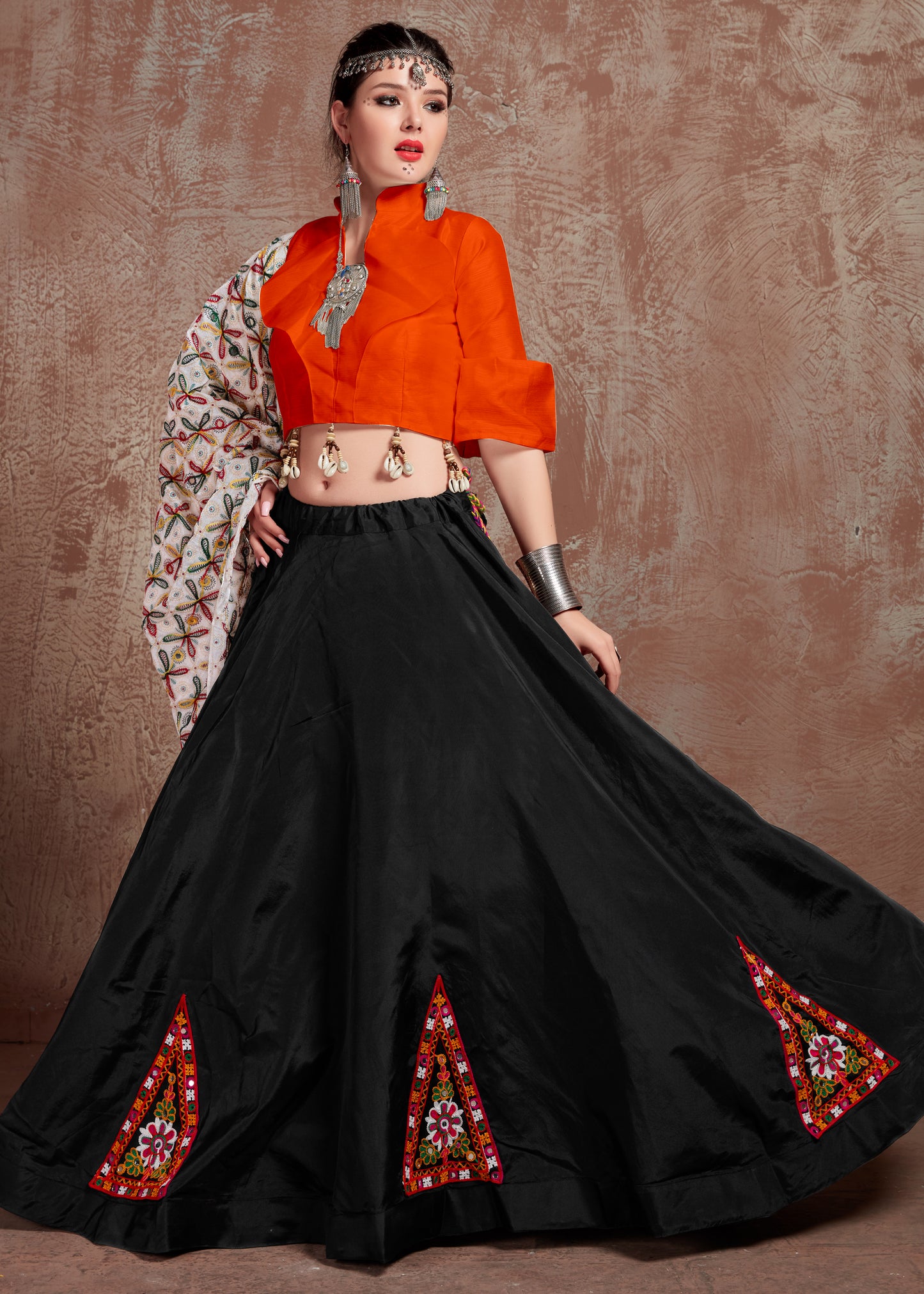 Black Lehenga with Orange Blouse & White Gamthi Work Dupatta – Traditional Navratri Chaniya Choli