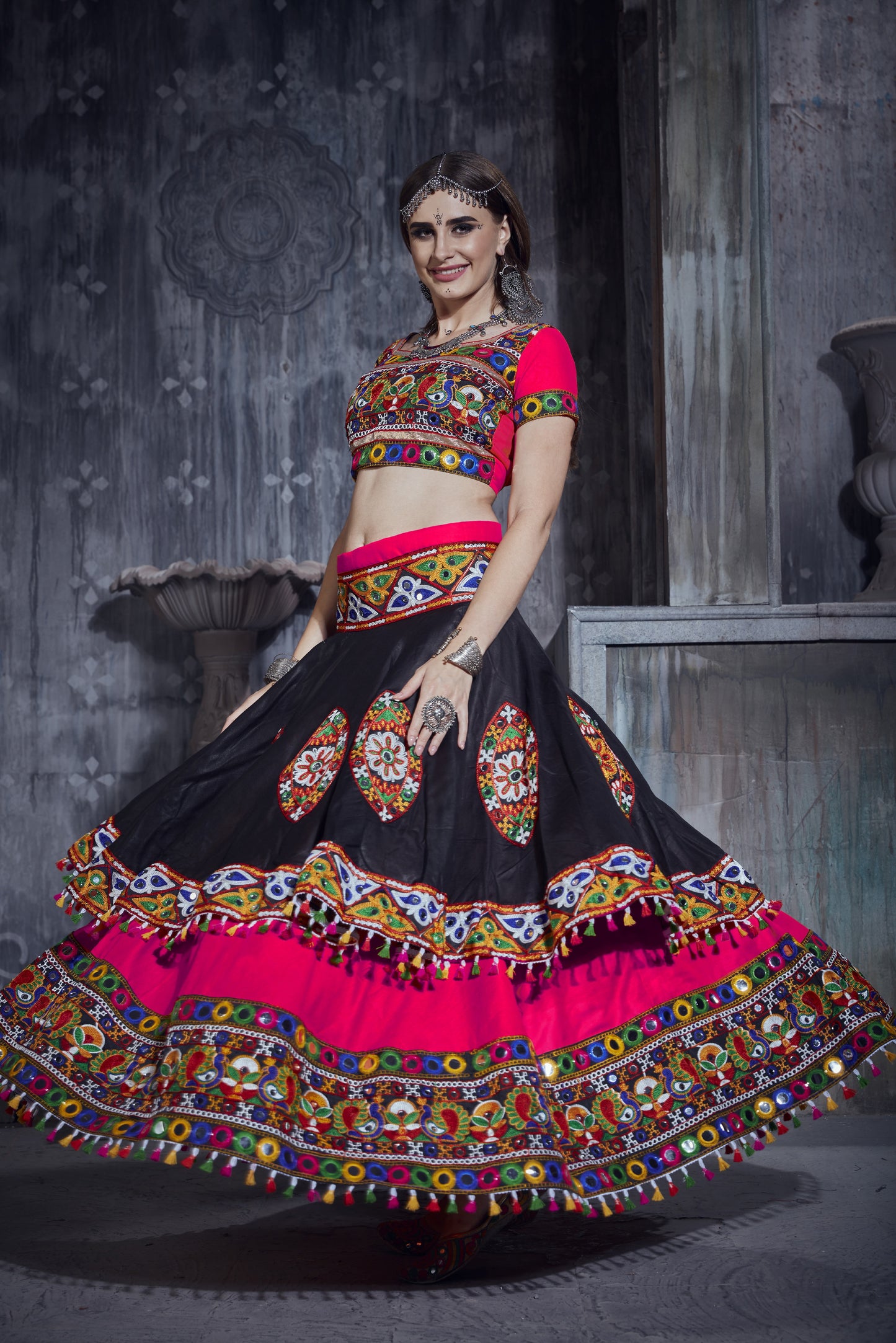 Designer Pink & Black Navratri Lehenga Choli with Blue Dupatta – Traditional Gamthi & Mirror Work