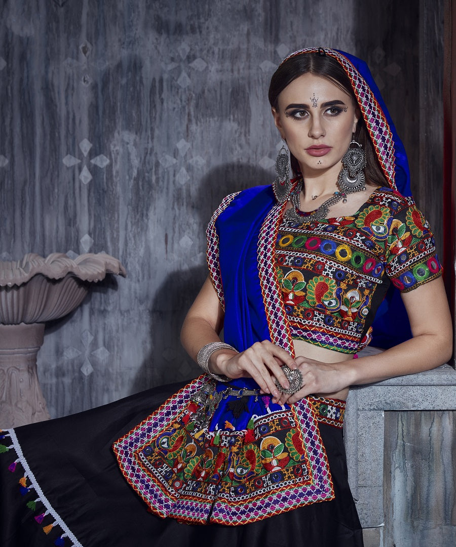 Rajwadi Black Gamthi Embroidered Navratri Chaniya Choli with Royal Blue Dupatta