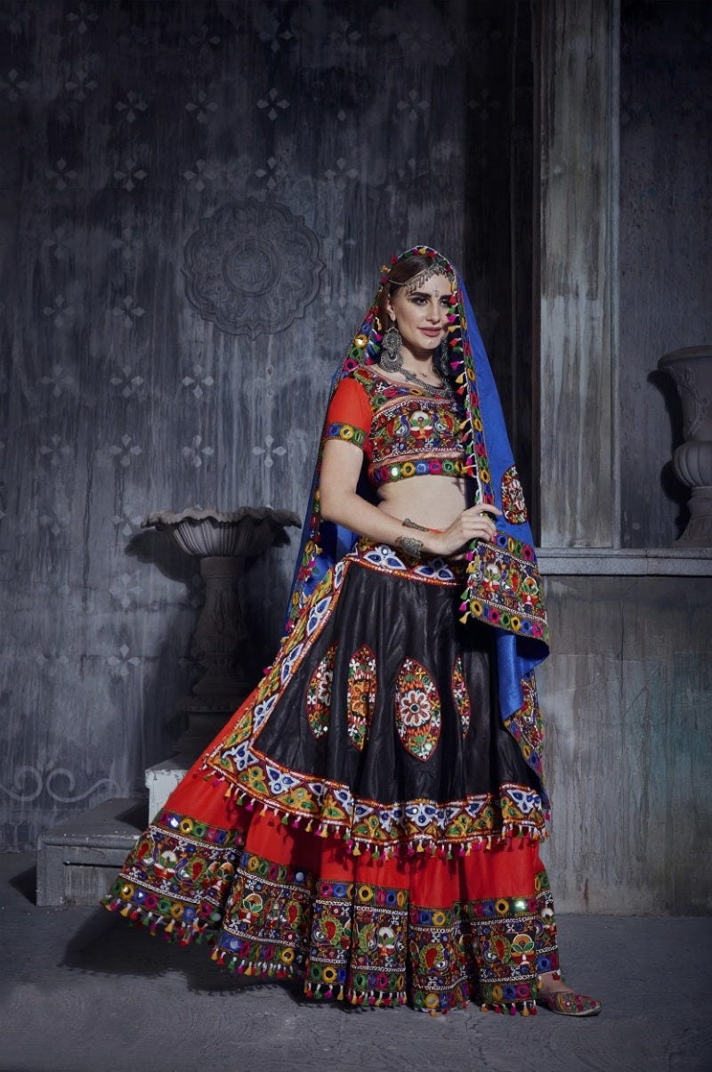 Designer Red & Black Navratri Chaniya Choli with Multicolor Embroidery & Blue Dupatta – Garba & Festive Wear