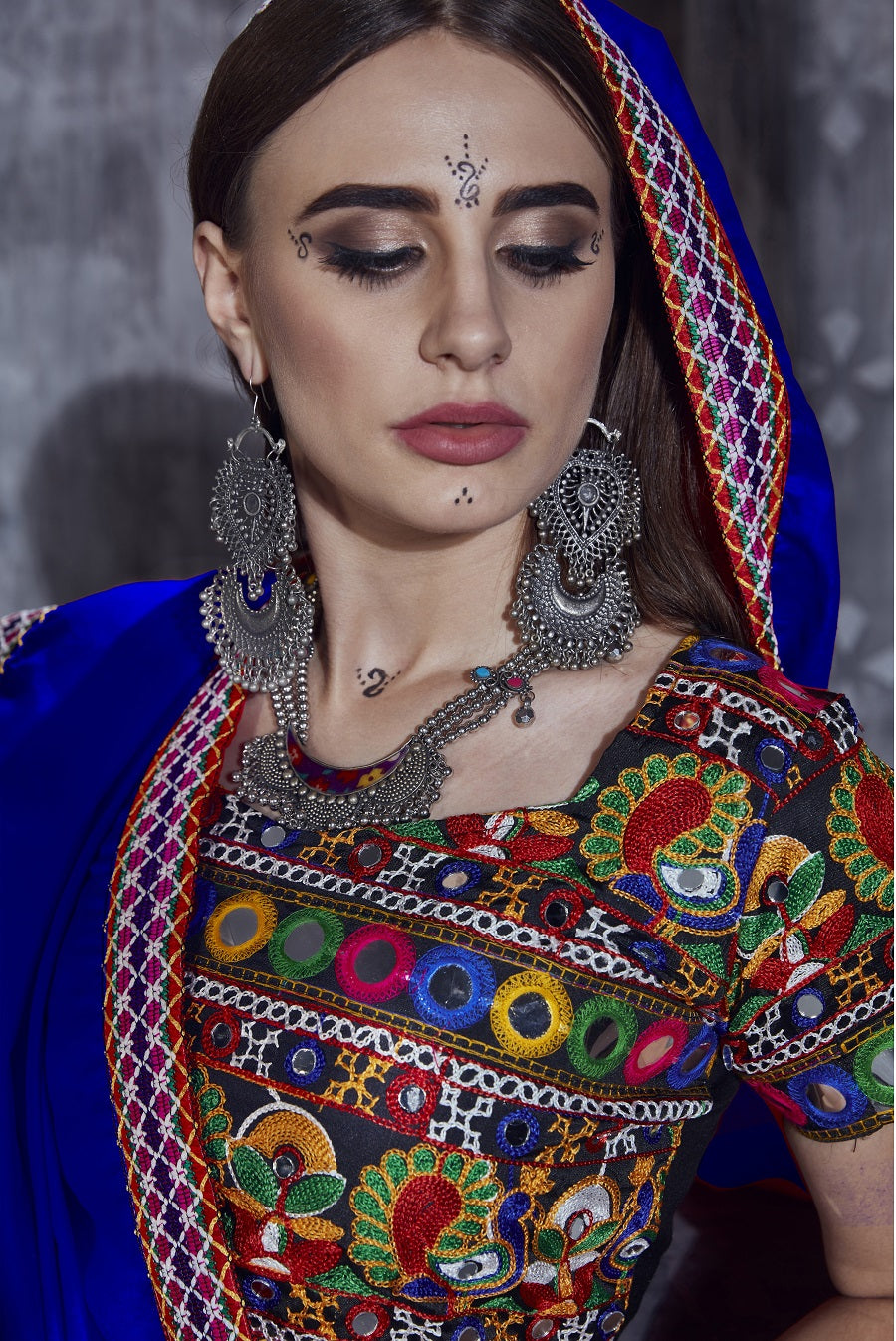 Rajwadi Black Gamthi Embroidered Navratri Chaniya Choli with Royal Blue Dupatta