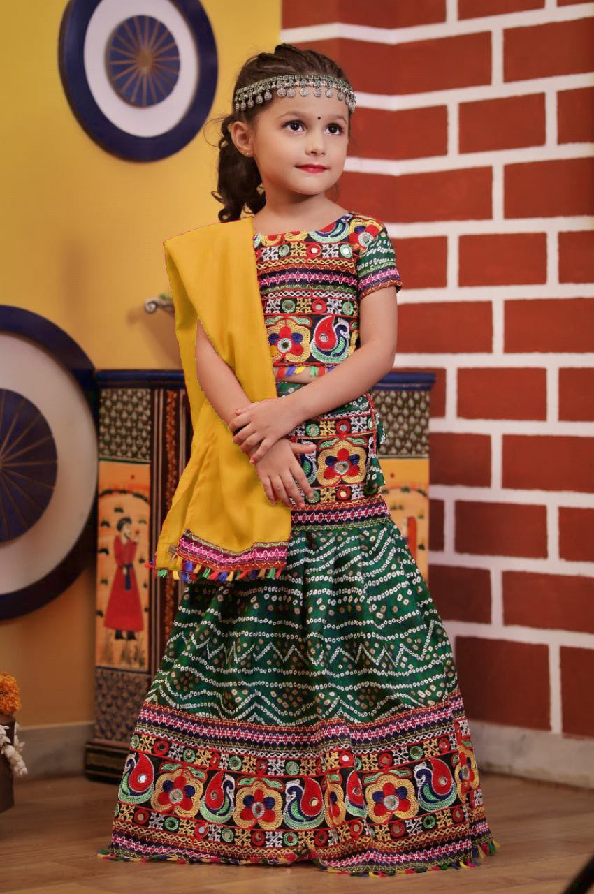 Kids Green Navratri Chaniya Choli with Yellow Dupatta – Embroidered Garba Outfit