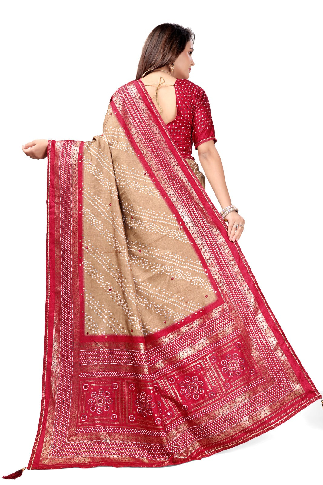 Traditional Bandhej Printed Silk Saree with Rich Red Border & Matching Blouse