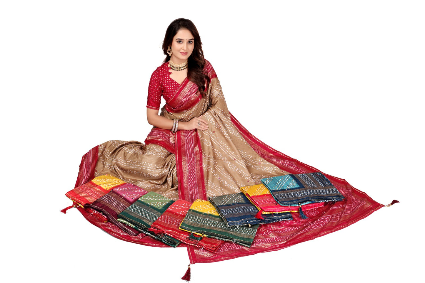 Traditional Bandhej Printed Silk Saree with Rich Red Border & Matching Blouse
