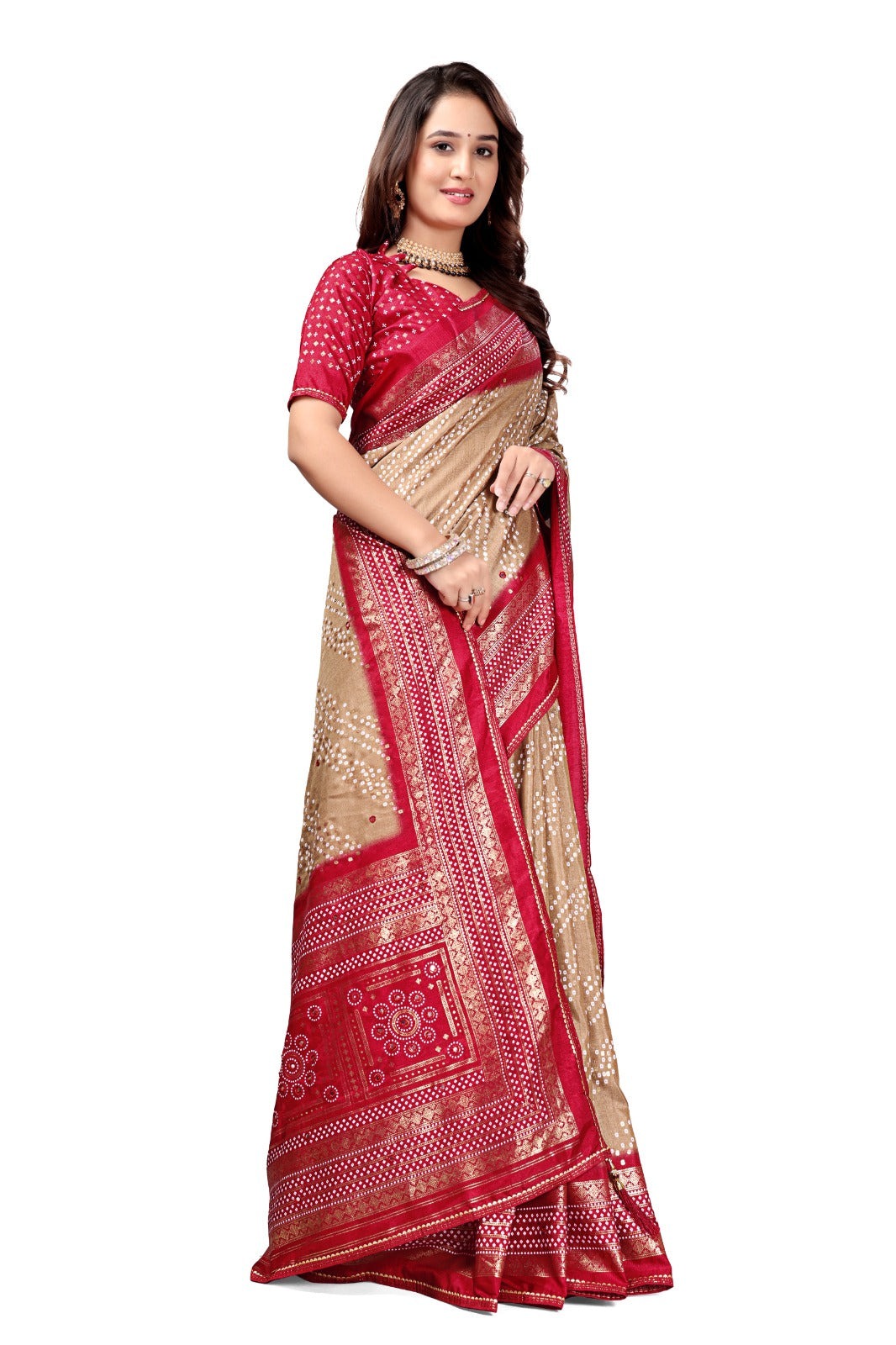 Traditional Bandhej Printed Silk Saree with Rich Red Border & Matching Blouse