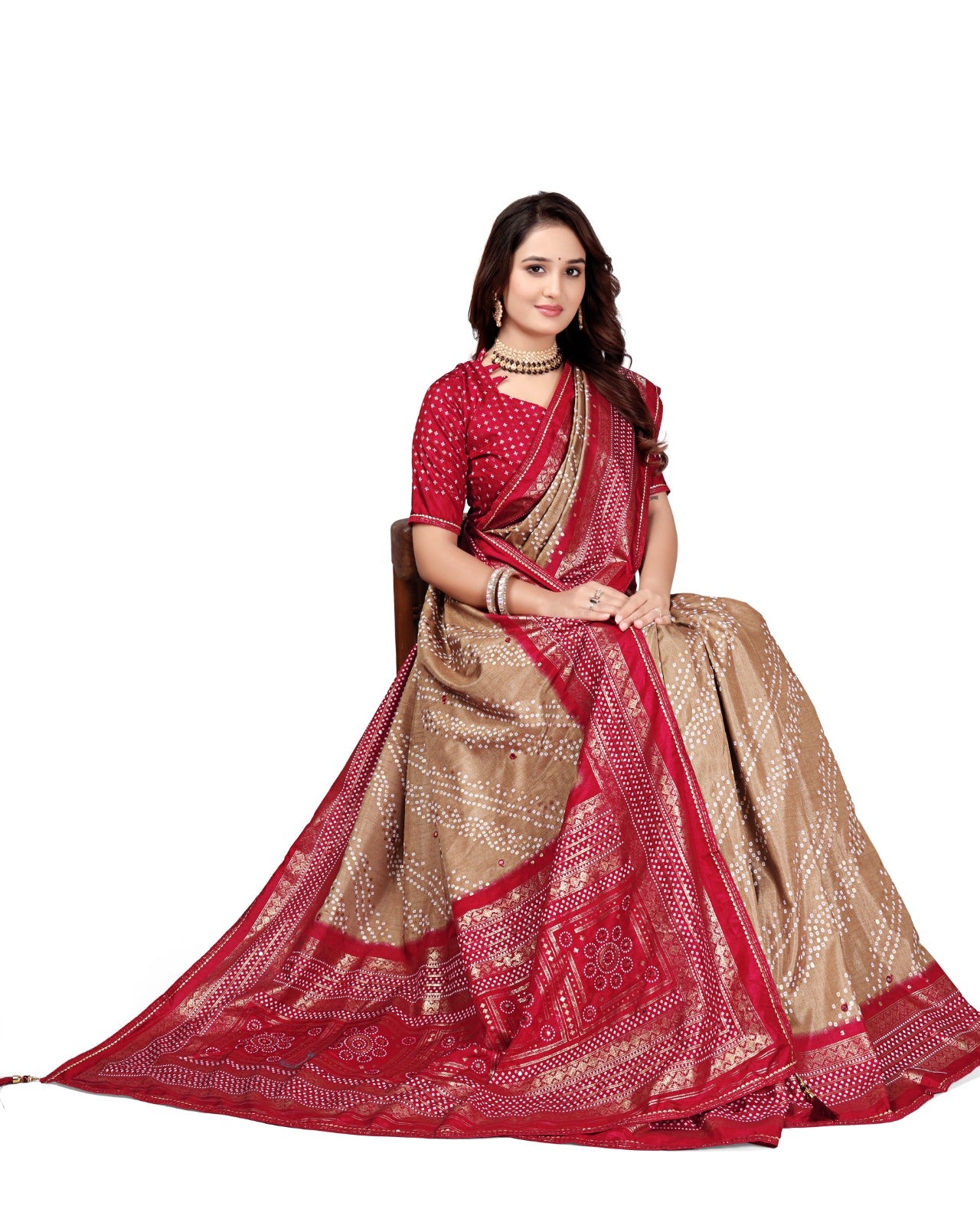Traditional Bandhej Printed Silk Saree with Rich Red Border & Matching Blouse