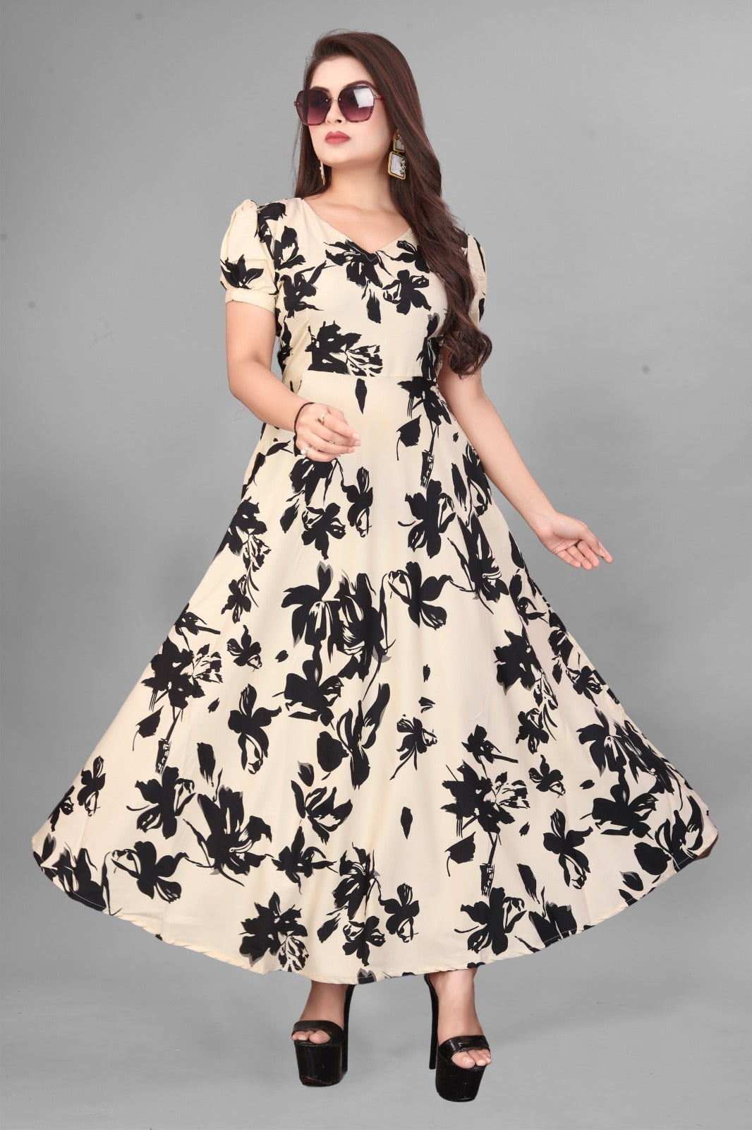 Floral Print V-Neck Flared Maxi Dress