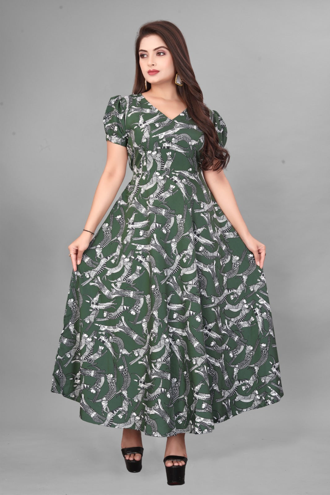 Floral Print V-Neck Flared Maxi Dress