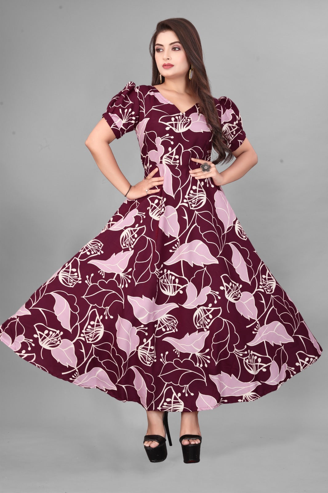 Floral Print V-Neck Flared Maxi Dress