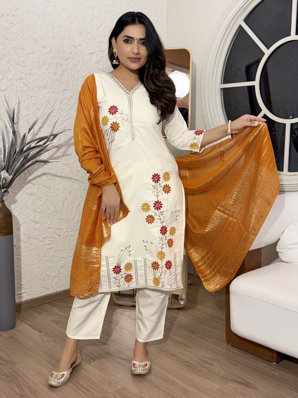 Cotton-Silk Embroidered 3-Piece Suit Set with Chanderi Dupatta – Ivory & Mustard