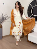 Cotton-Silk Embroidered 3-Piece Suit Set with Chanderi Dupatta – Ivory & Mustard