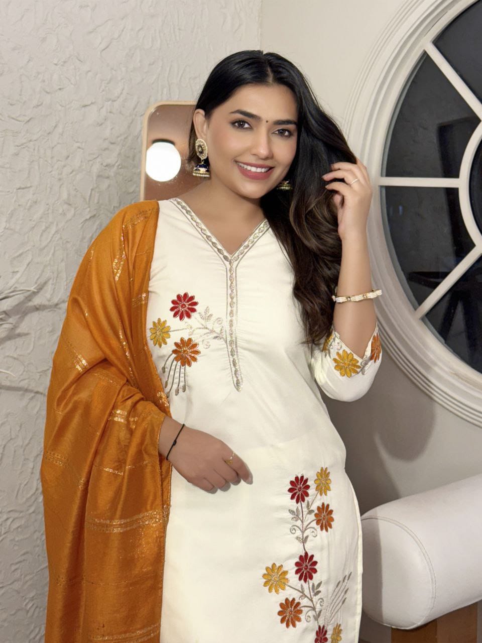 Cotton-Silk Embroidered 3-Piece Suit Set with Chanderi Dupatta – Ivory & Mustard