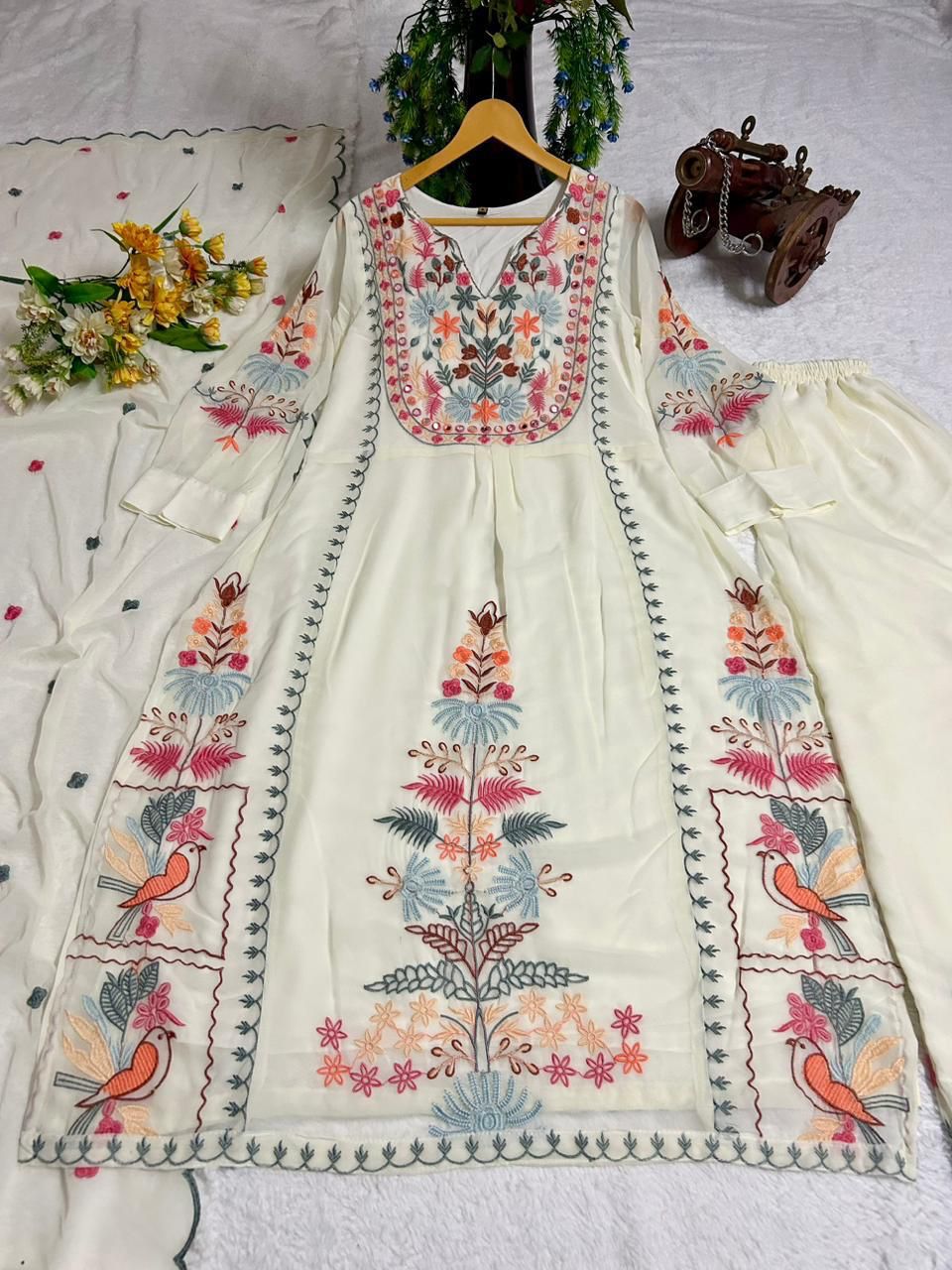 Ivory Georgette Embroidered Kurti–Palazzo Set with 2.40 m Dupatta (Mirror & Moti Work) (6XL–10XL)