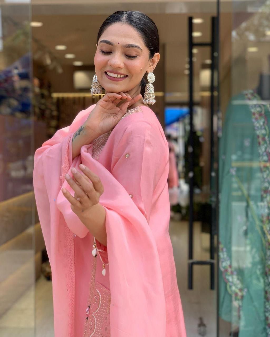 Festive Pink Roman Silk Suit with Cowry Shell & Sequin Embroidery