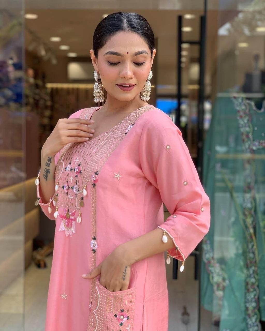 Festive Pink Roman Silk Suit with Cowry Shell & Sequin Embroidery