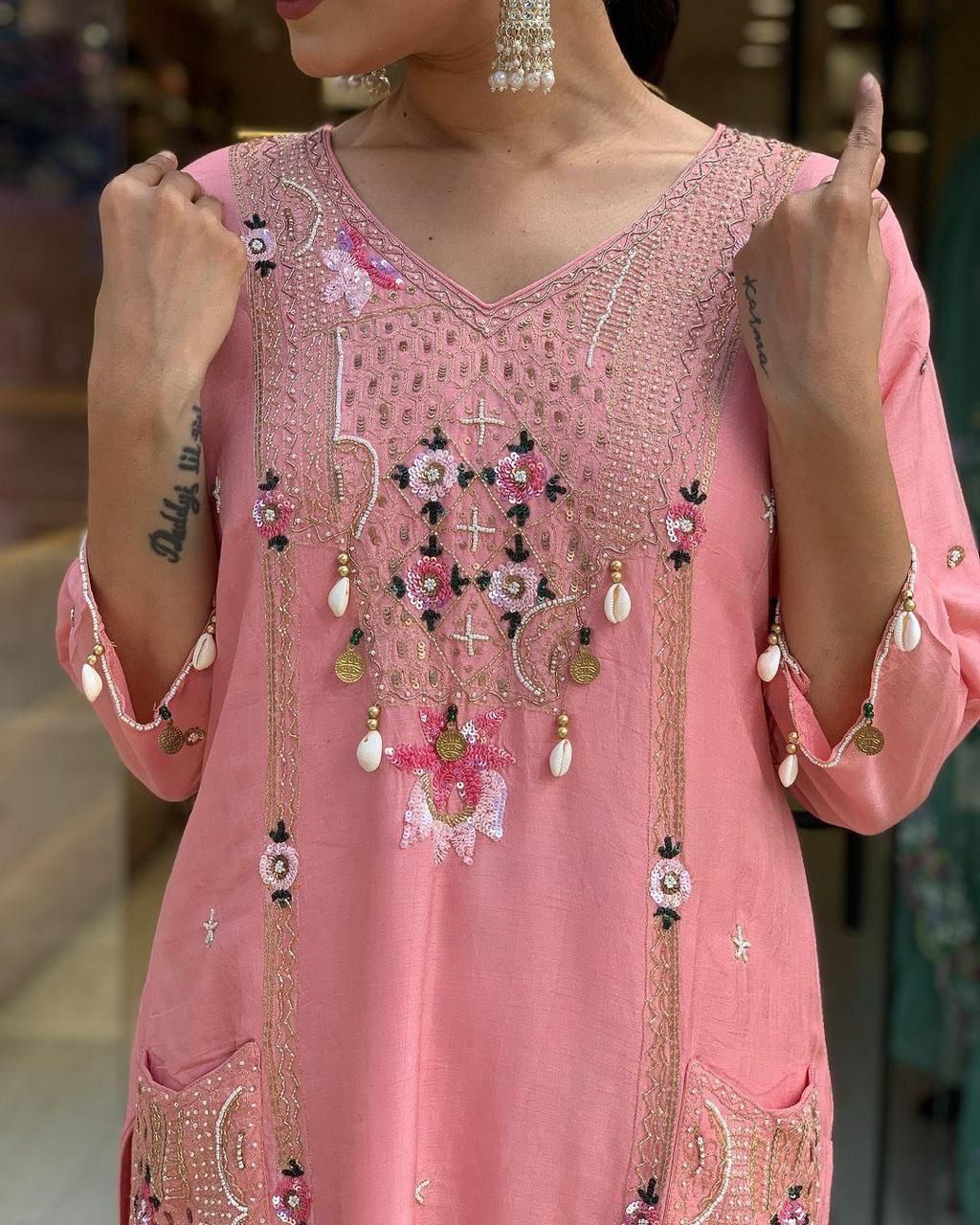Festive Pink Roman Silk Suit with Cowry Shell & Sequin Embroidery