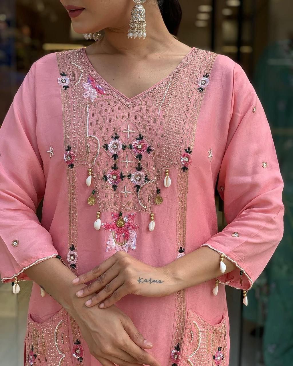 Festive Pink Roman Silk Suit with Cowry Shell & Sequin Embroidery