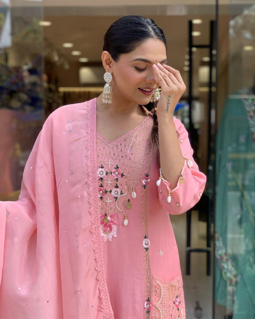 Festive Pink Roman Silk Suit with Cowry Shell & Sequin Embroidery