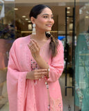 Festive Pink Roman Silk Suit with Cowry Shell & Sequin Embroidery