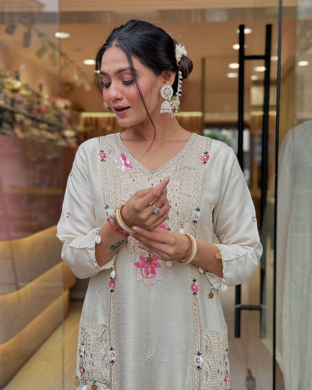 Ivory Muslin (Masleen) Sequin-Embroidered 3-Piece Suit Set with Dupatta