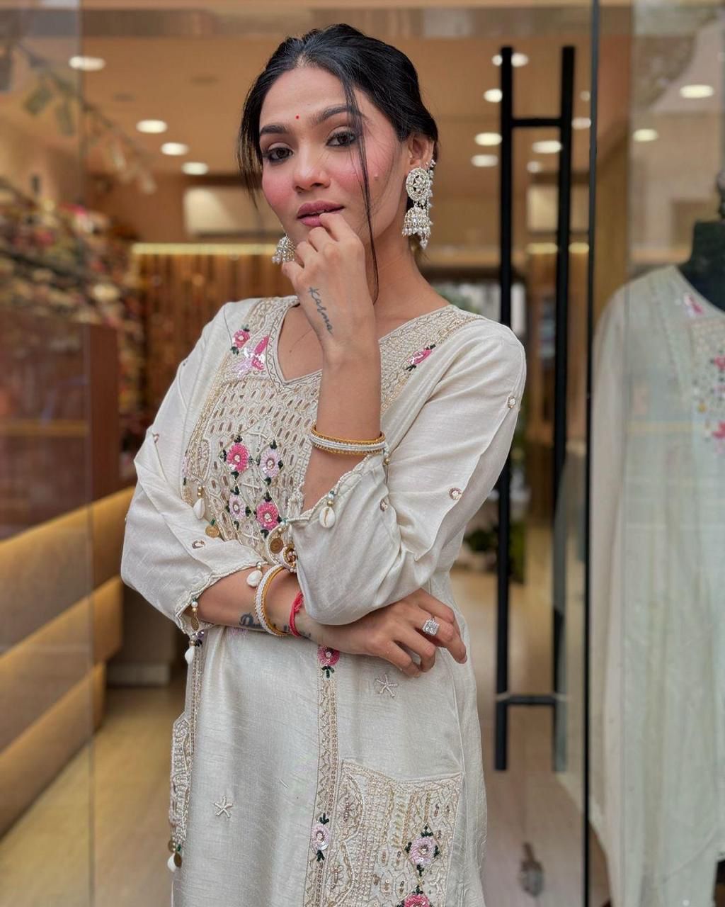 Ivory Muslin (Masleen) Sequin-Embroidered 3-Piece Suit Set with Dupatta
