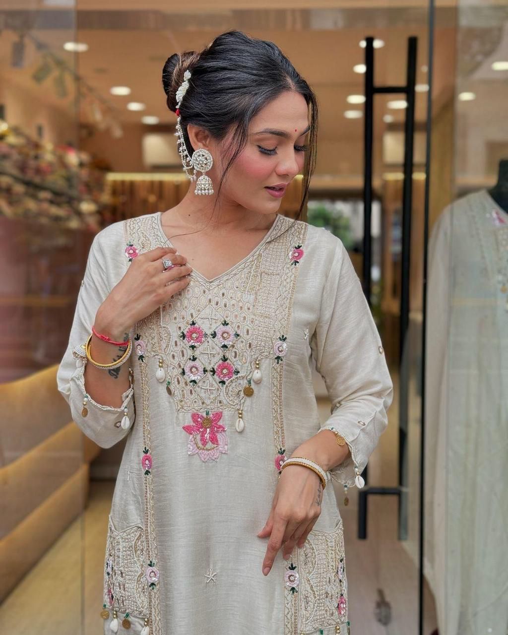 Ivory Muslin (Masleen) Sequin-Embroidered 3-Piece Suit Set with Dupatta