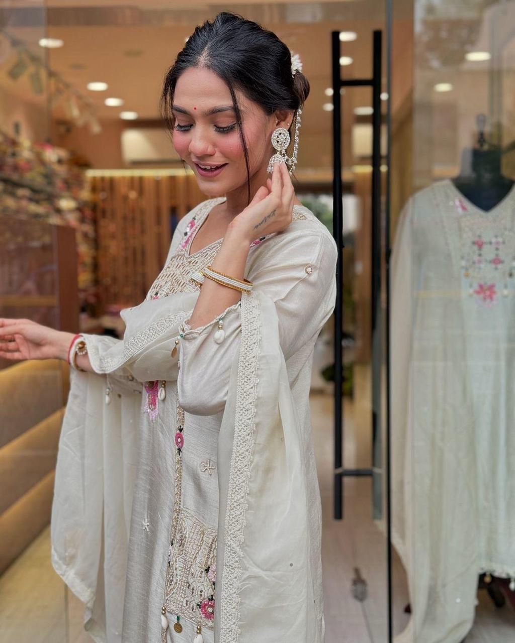 Ivory Muslin (Masleen) Sequin-Embroidered 3-Piece Suit Set with Dupatta