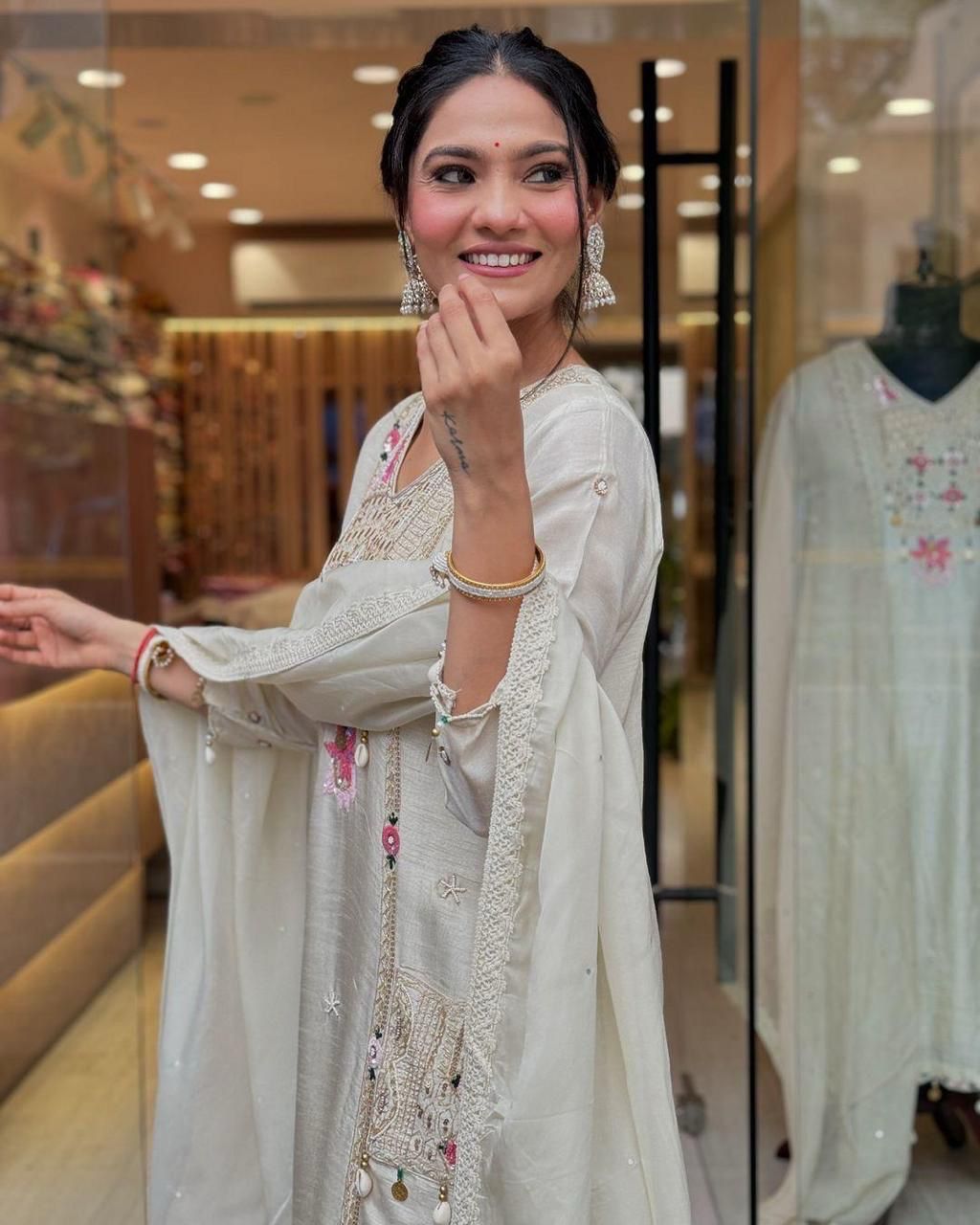 Ivory Muslin (Masleen) Sequin-Embroidered 3-Piece Suit Set with Dupatta