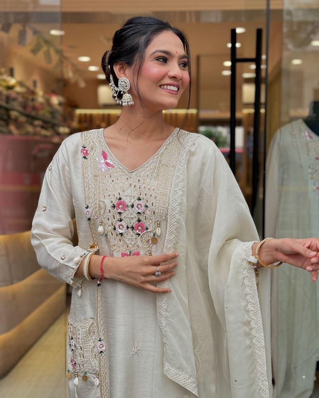 Ivory Muslin (Masleen) Sequin-Embroidered 3-Piece Suit Set with Dupatta