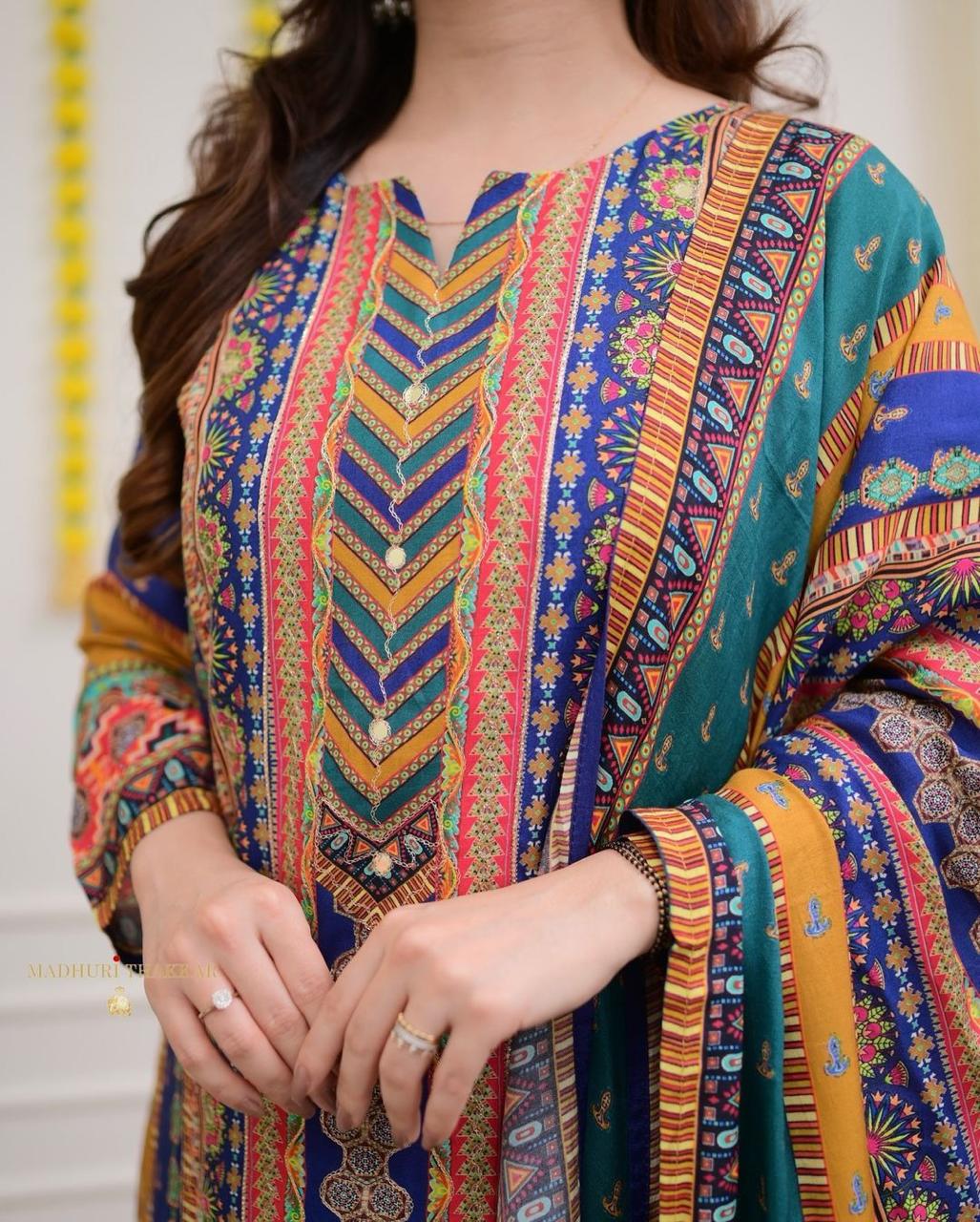 Multicolor Fox Georgette 3-Piece Long Suit Set with Printed Dupatta | Chikankari-Style Yoke