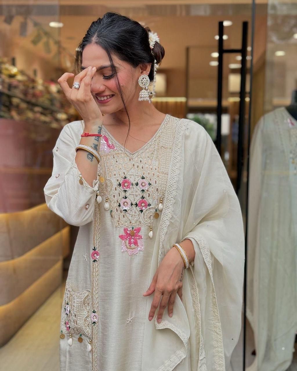 Ivory Muslin (Masleen) Sequin-Embroidered 3-Piece Suit Set with Dupatta