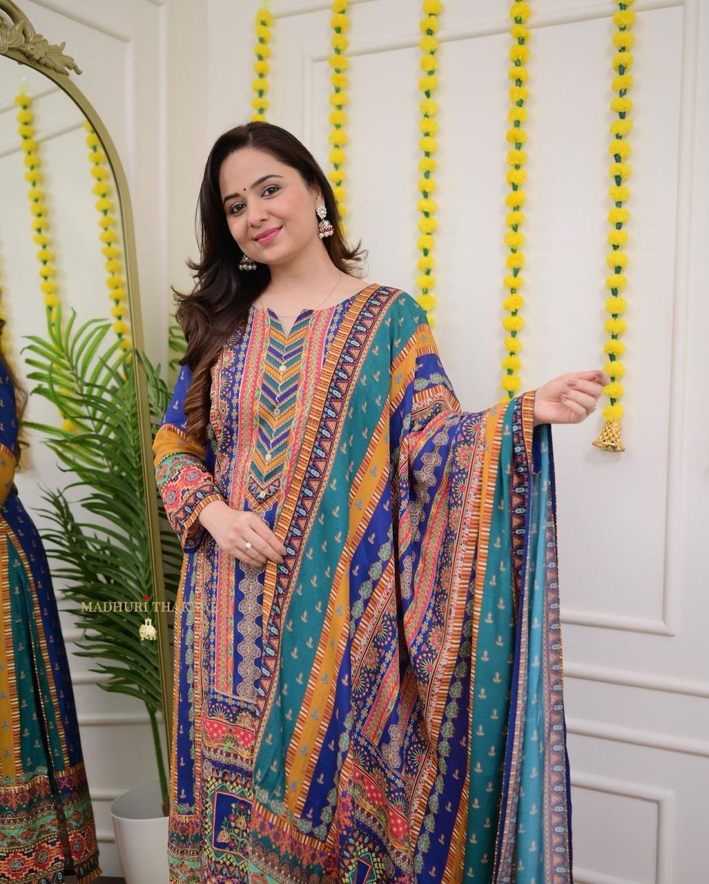 Multicolor Fox Georgette 3-Piece Long Suit Set with Printed Dupatta | Chikankari-Style Yoke