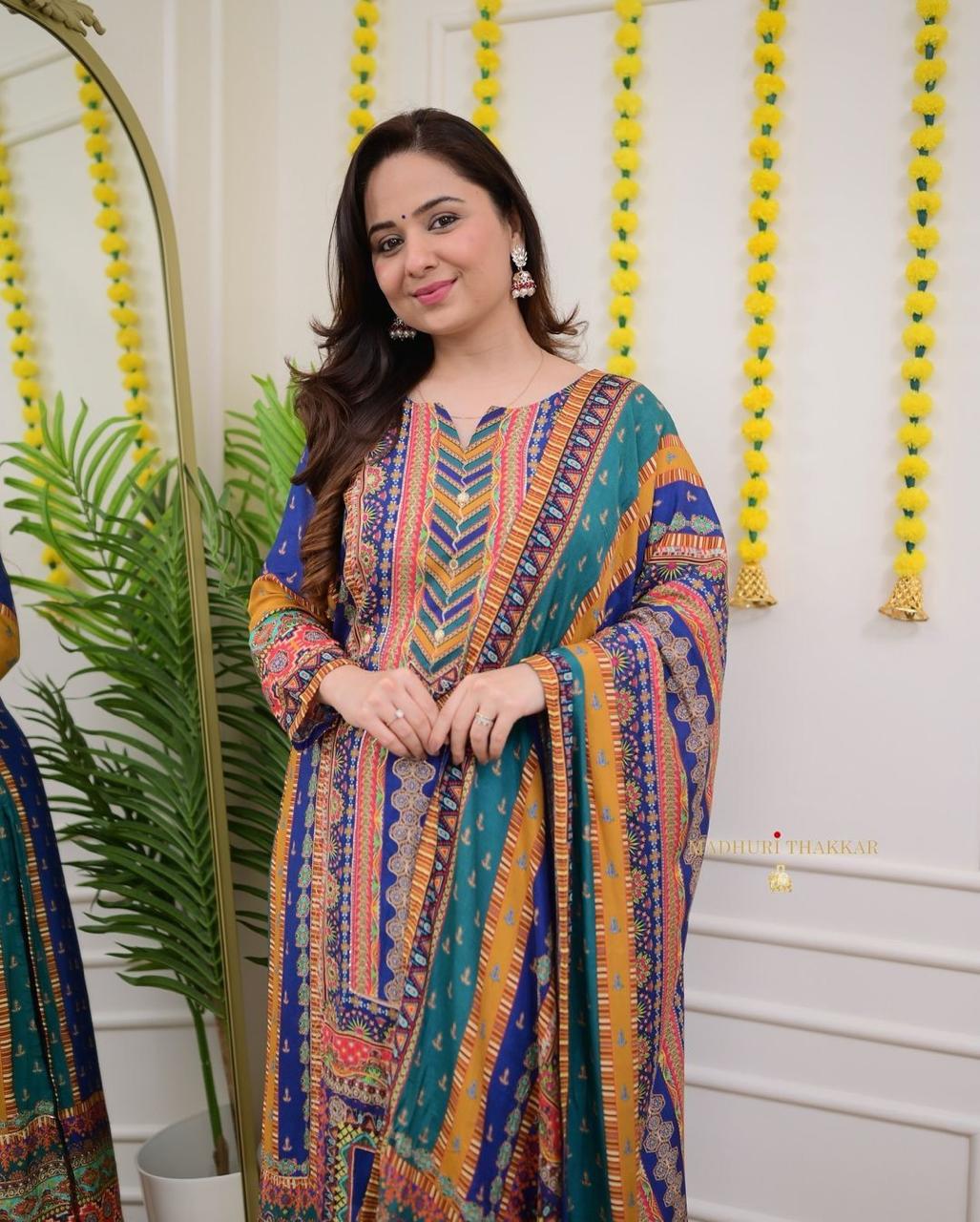 Multicolor Fox Georgette 3-Piece Long Suit Set with Printed Dupatta | Chikankari-Style Yoke