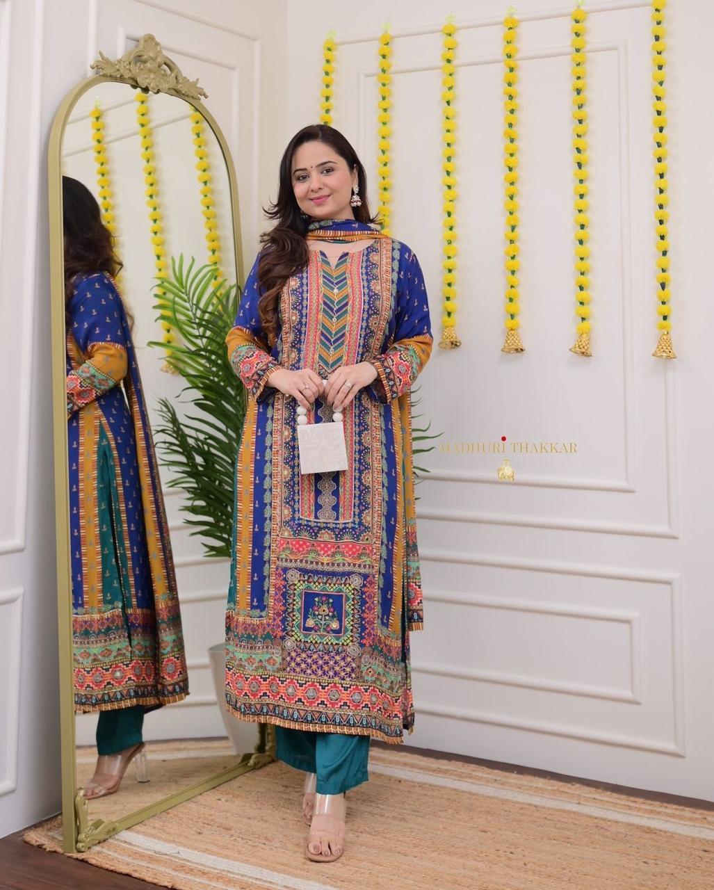 Multicolor Fox Georgette 3-Piece Long Suit Set with Printed Dupatta | Chikankari-Style Yoke