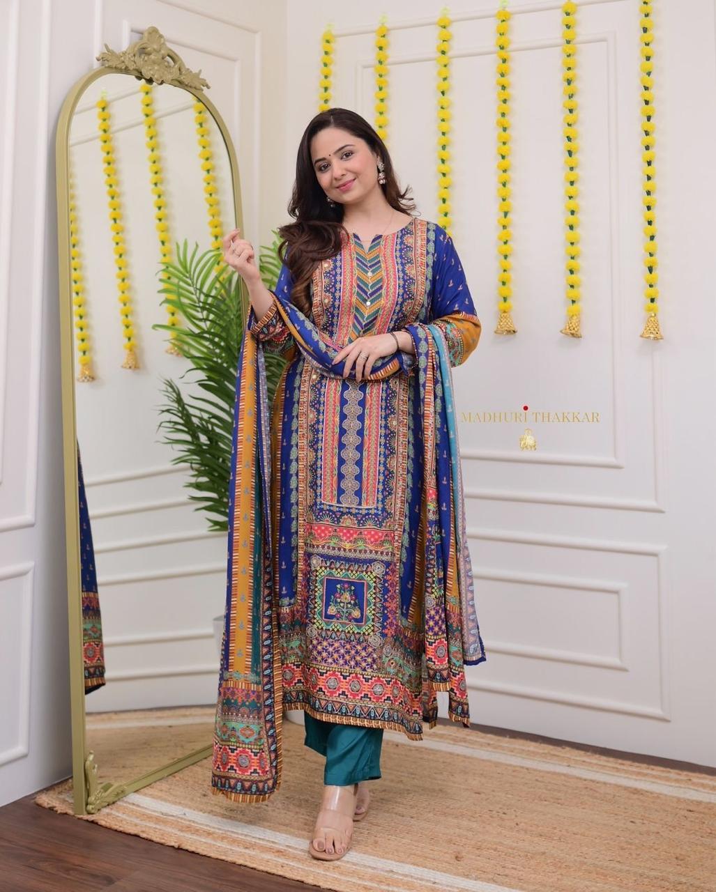 Multicolor Fox Georgette 3-Piece Long Suit Set with Printed Dupatta | Chikankari-Style Yoke