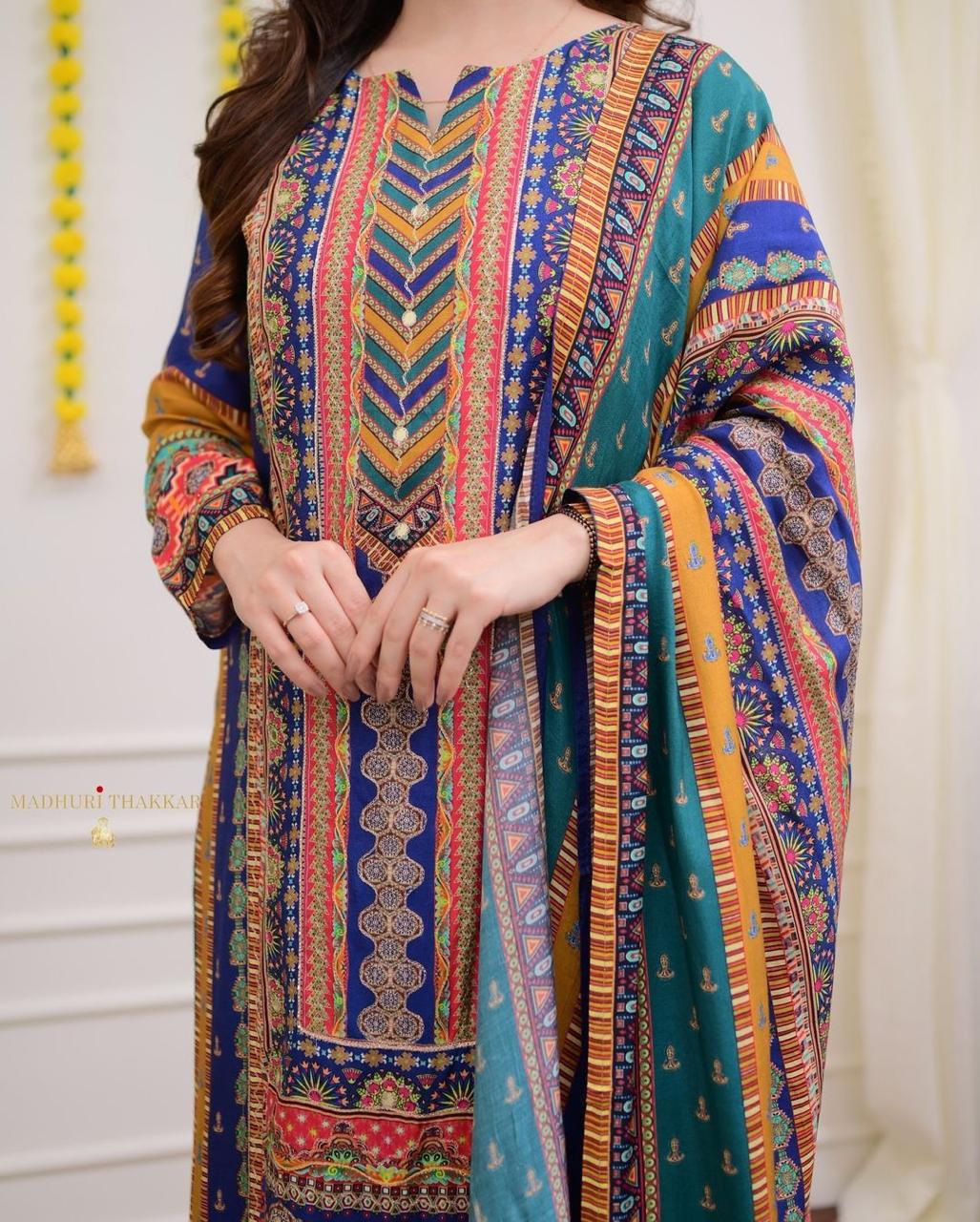 Multicolor Fox Georgette 3-Piece Long Suit Set with Printed Dupatta | Chikankari-Style Yoke