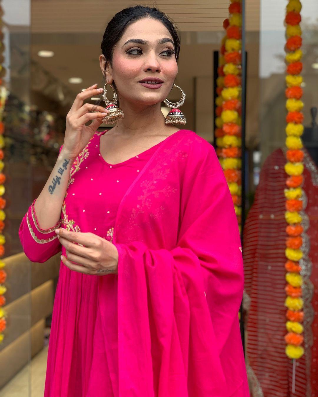 Rani Pink Fox Georgette Anarkali 3-Piece Suit Set with Embroidery & Dupatta