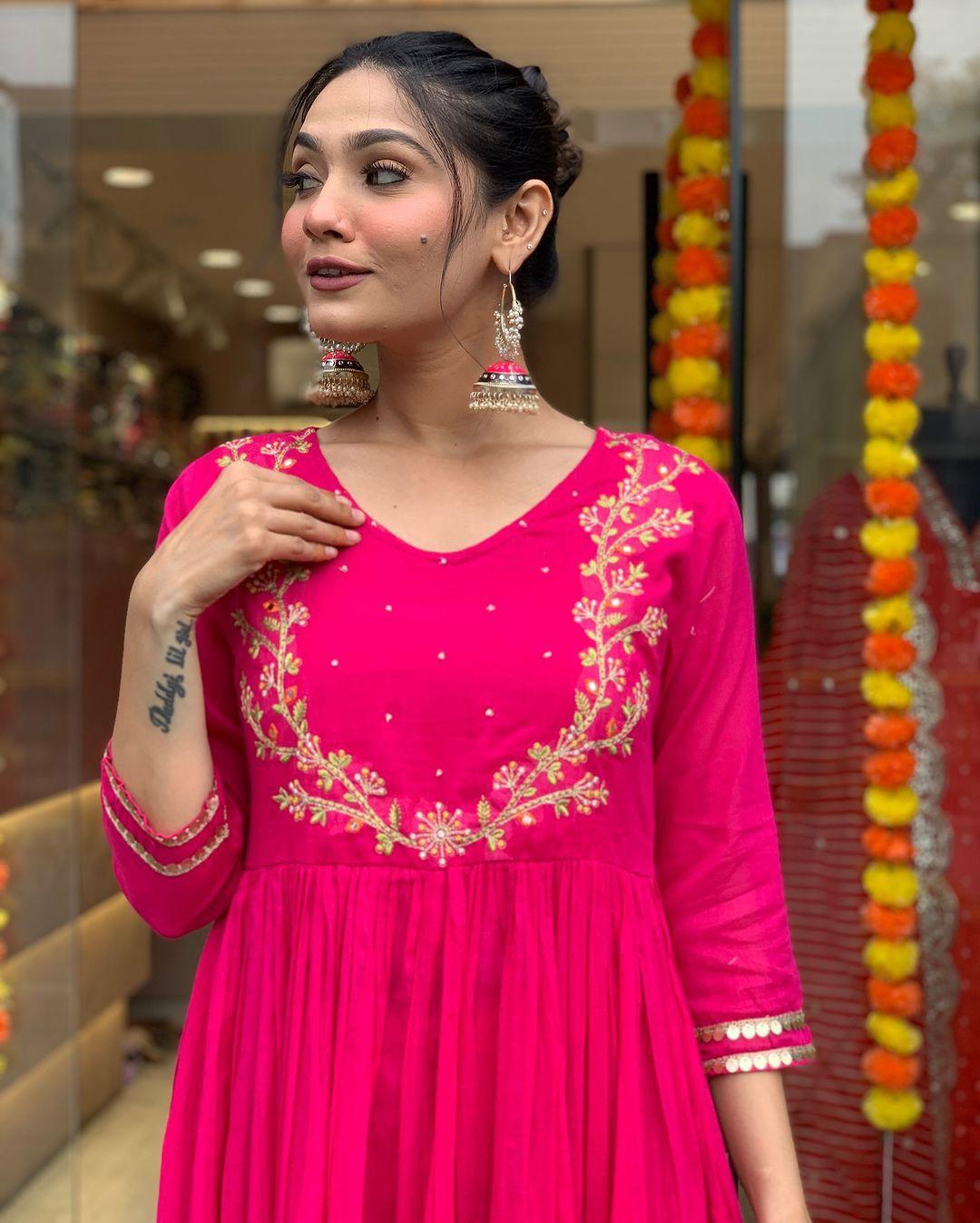 Rani Pink Fox Georgette Anarkali 3-Piece Suit Set with Embroidery & Dupatta