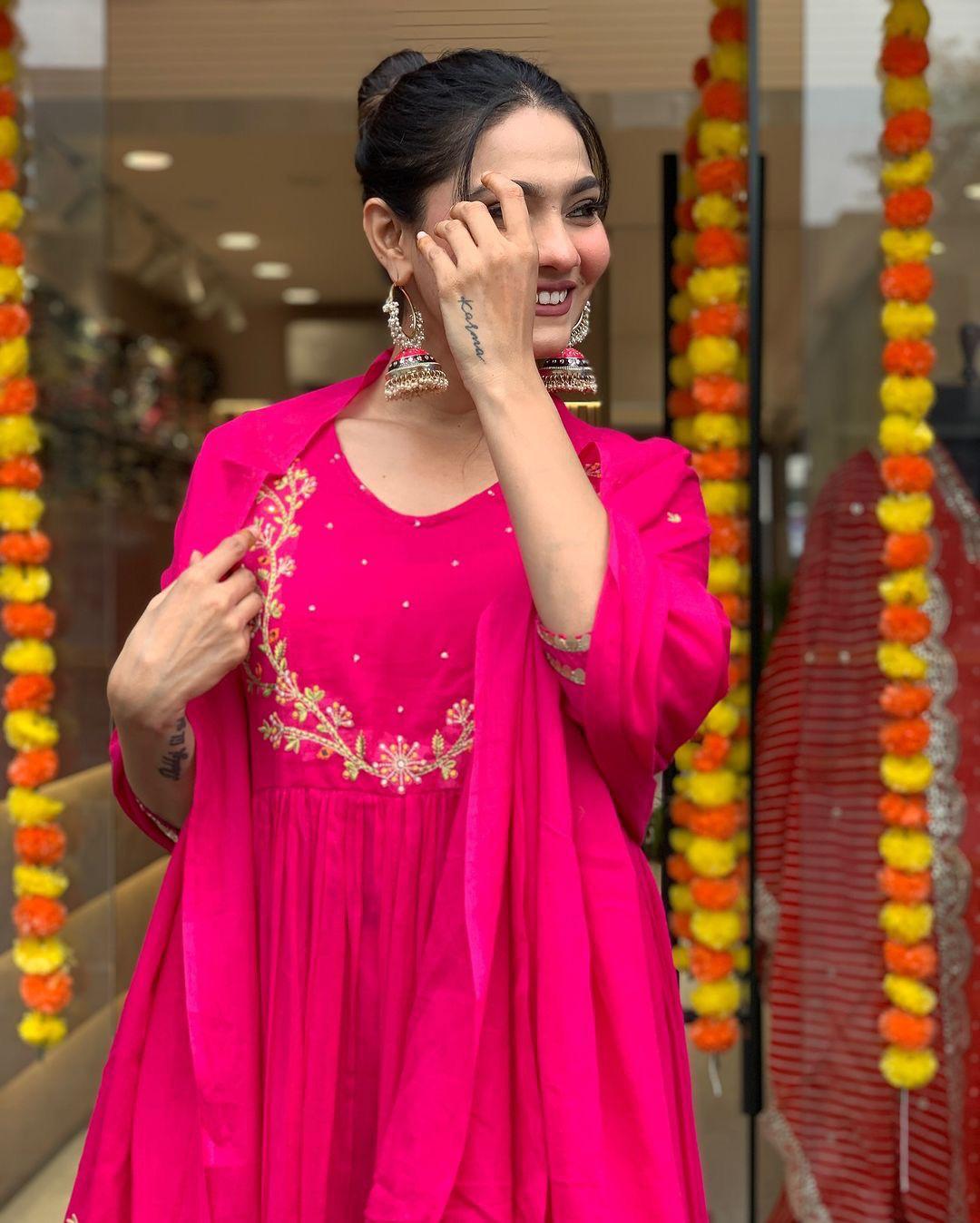 Rani Pink Fox Georgette Anarkali 3-Piece Suit Set with Embroidery & Dupatta
