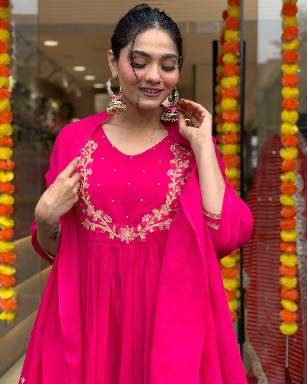 Rani Pink Fox Georgette Anarkali 3-Piece Suit Set with Embroidery & Dupatta