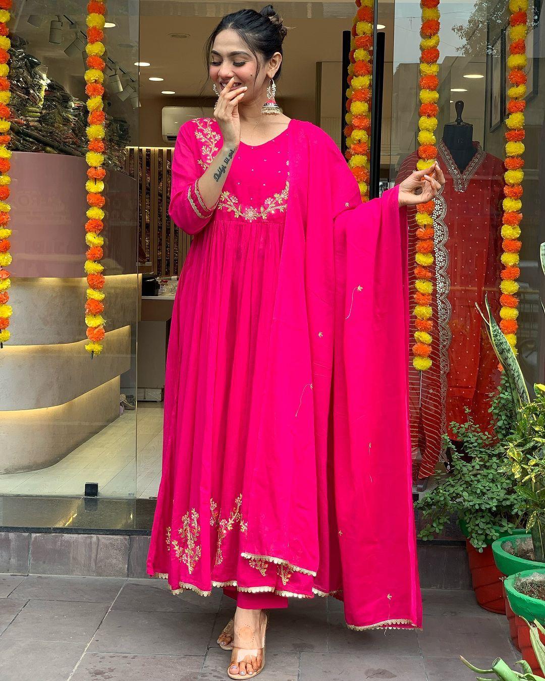 Rani Pink Fox Georgette Anarkali 3-Piece Suit Set with Embroidery & Dupatta