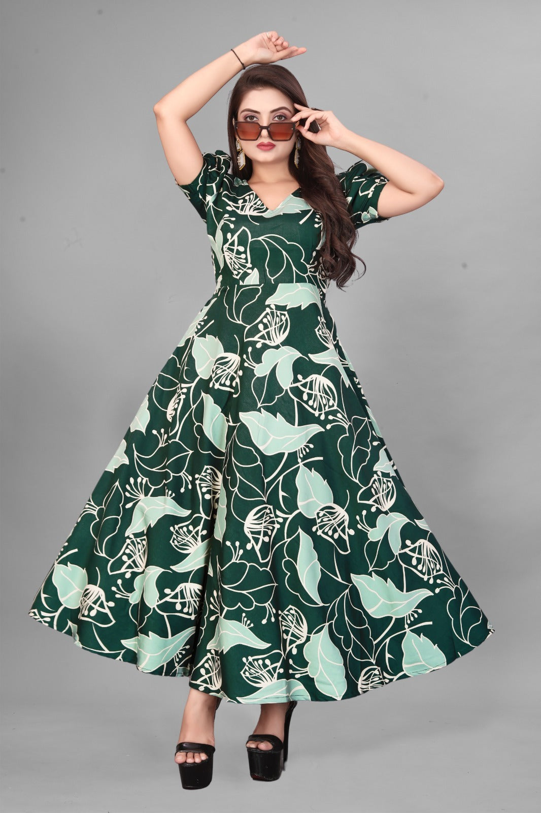 Floral Print V-Neck Flared Maxi Dress