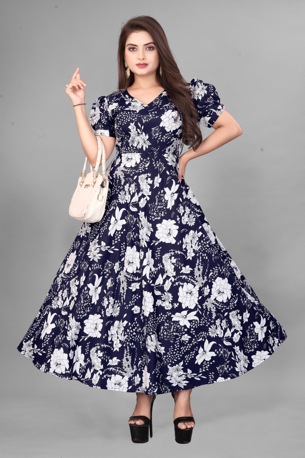 Floral Print V-Neck Flared Maxi Dress