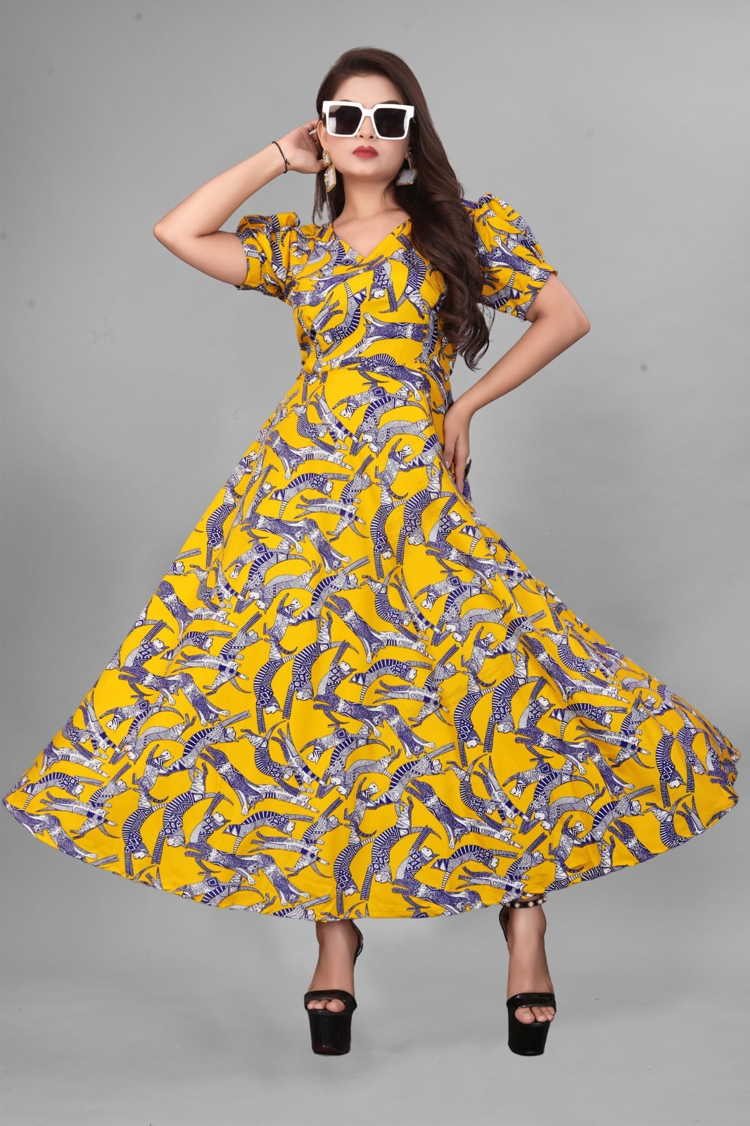 Floral Print V-Neck Flared Maxi Dress